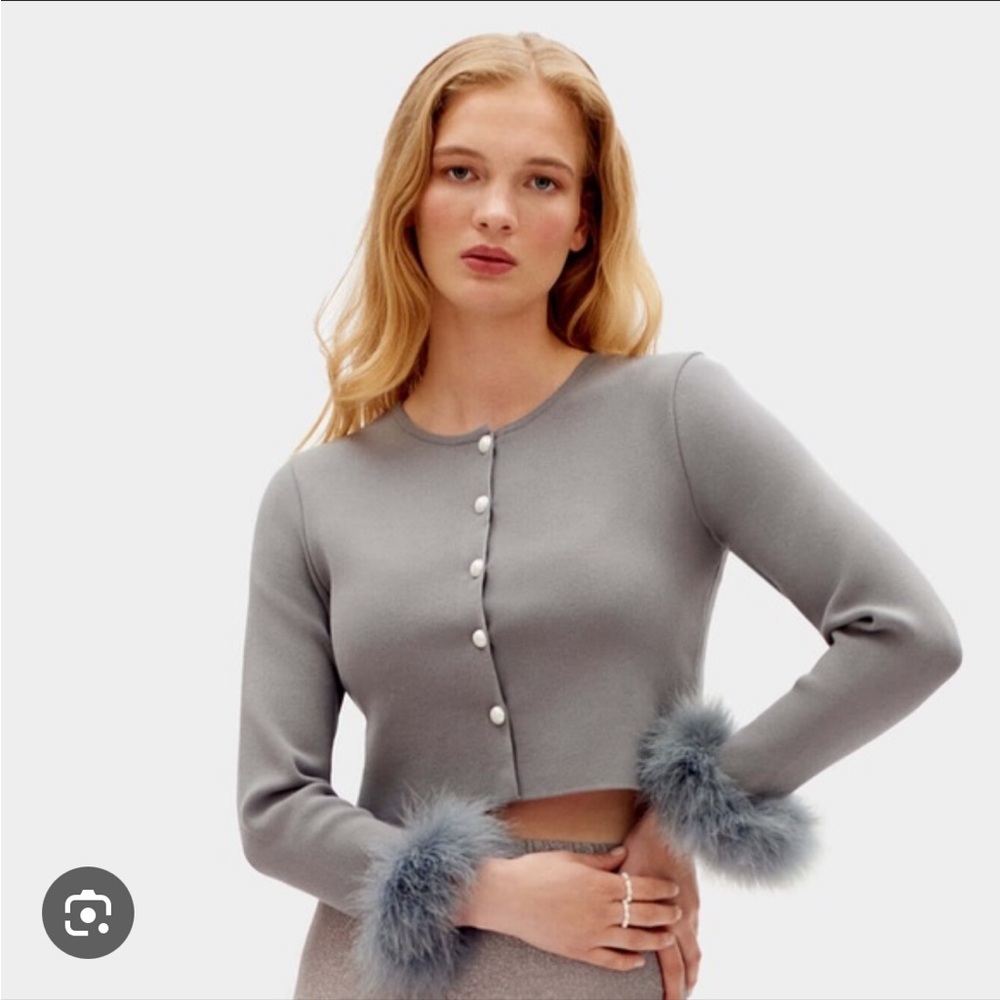 Knitted Cardigan with Detachable Feather Cuffs - M/L